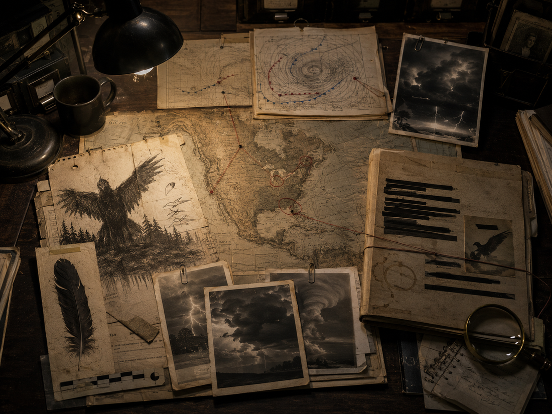 Cryptid investigator's desk covered with a North America map, giant bird sketches, storm photographs, weather charts, feather evidence, and a redacted case file.