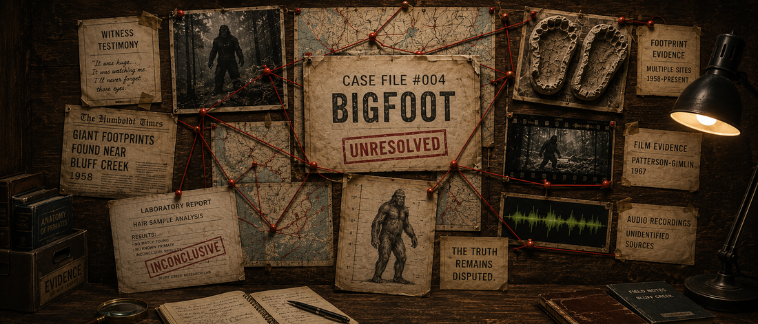 Bigfoot investigation evidence board featuring photographs, maps, footprint casts, witness testimony, laboratory reports, and connected case file documents marked unresolved.
