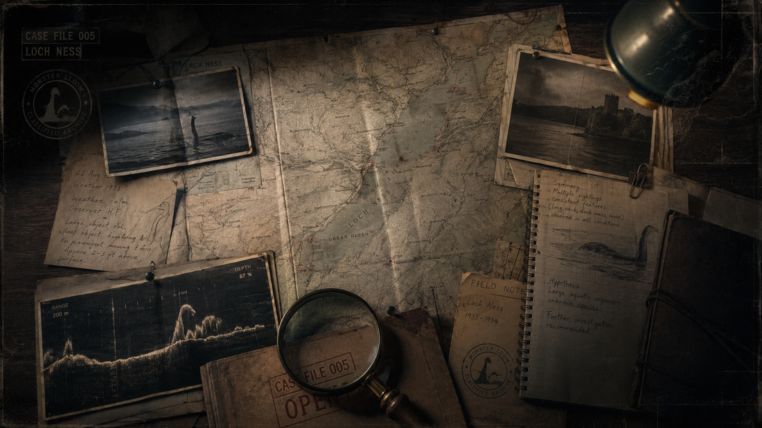 An investigator’s desk covered with a Loch Ness map, alleged monster photographs, sonar readings, field notes, and a Case File 005 folder.