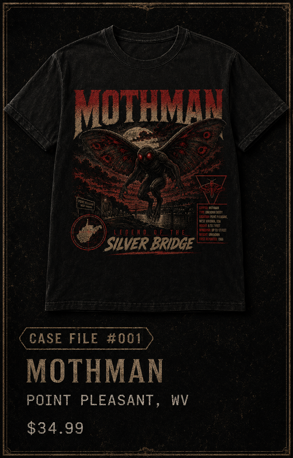 Case File #001: Mothman Legend of the Silver Bridge T-Shirt