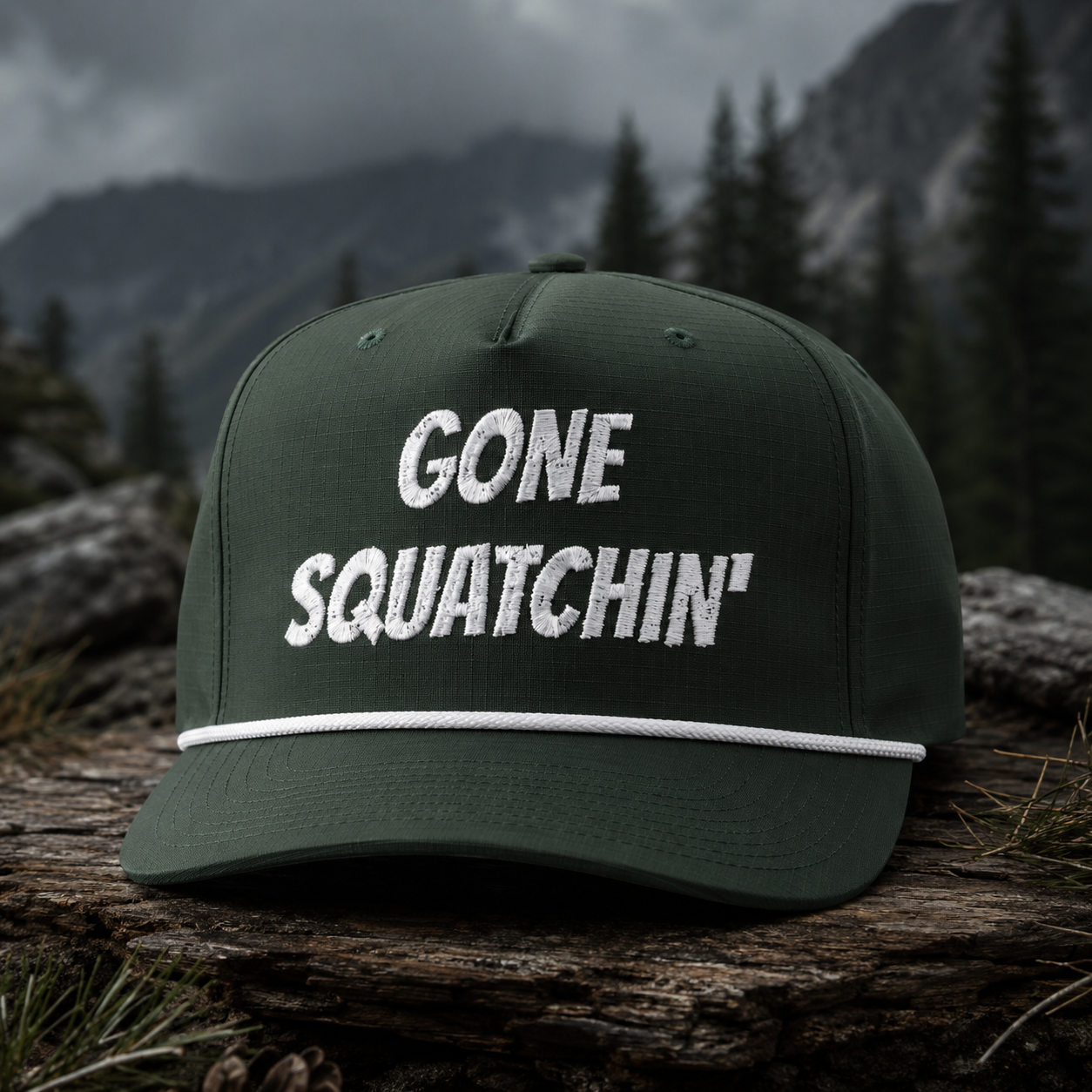 Gone Squatchin' Rope Cap — Bigfoot Hunting Trucker Hat