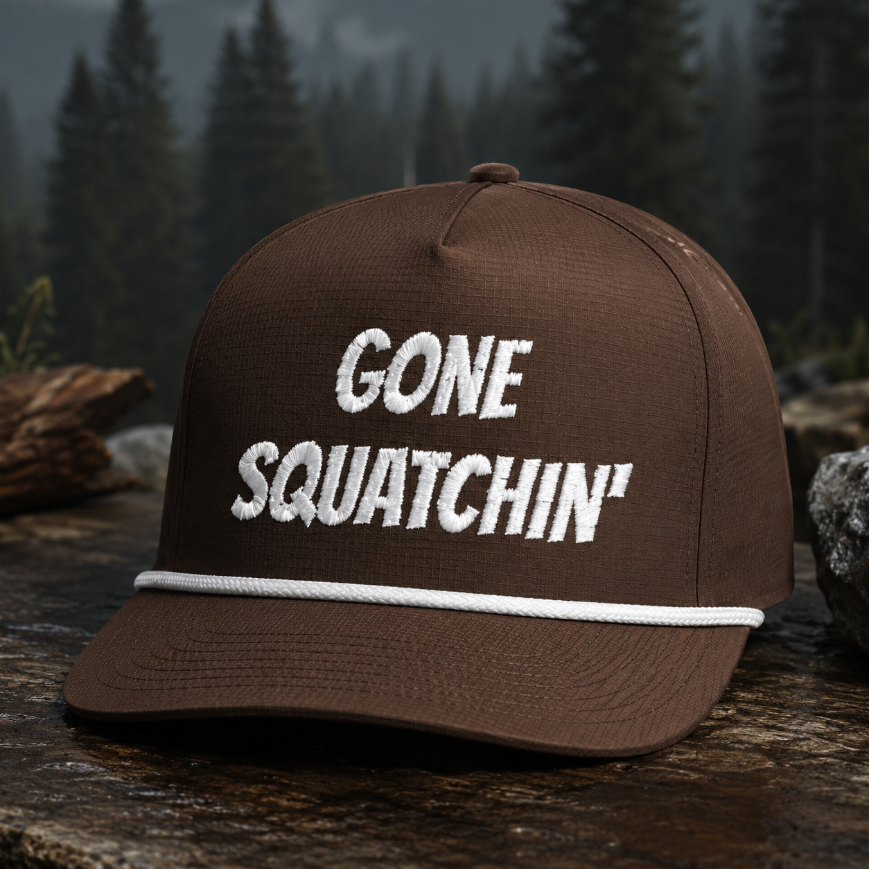 Gone Squatchin' Rope Cap — Bigfoot Hunting Trucker Hat