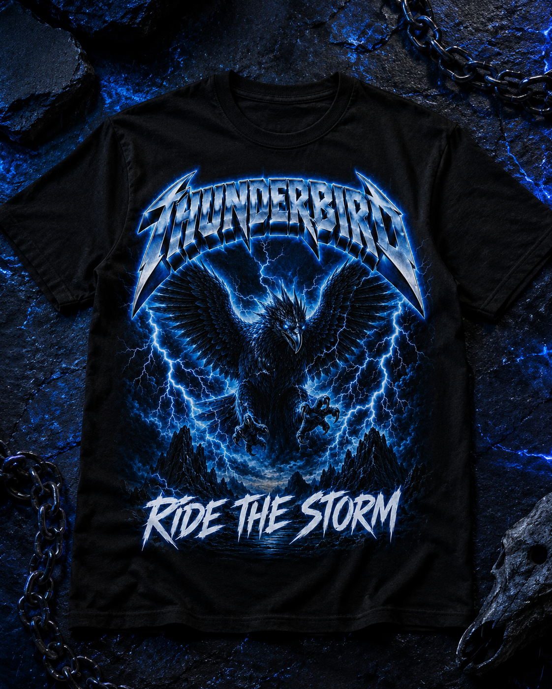 Thunderbird Ride the Storm Cryptid T-Shirt | Electric Blue Metal Graphic Tee