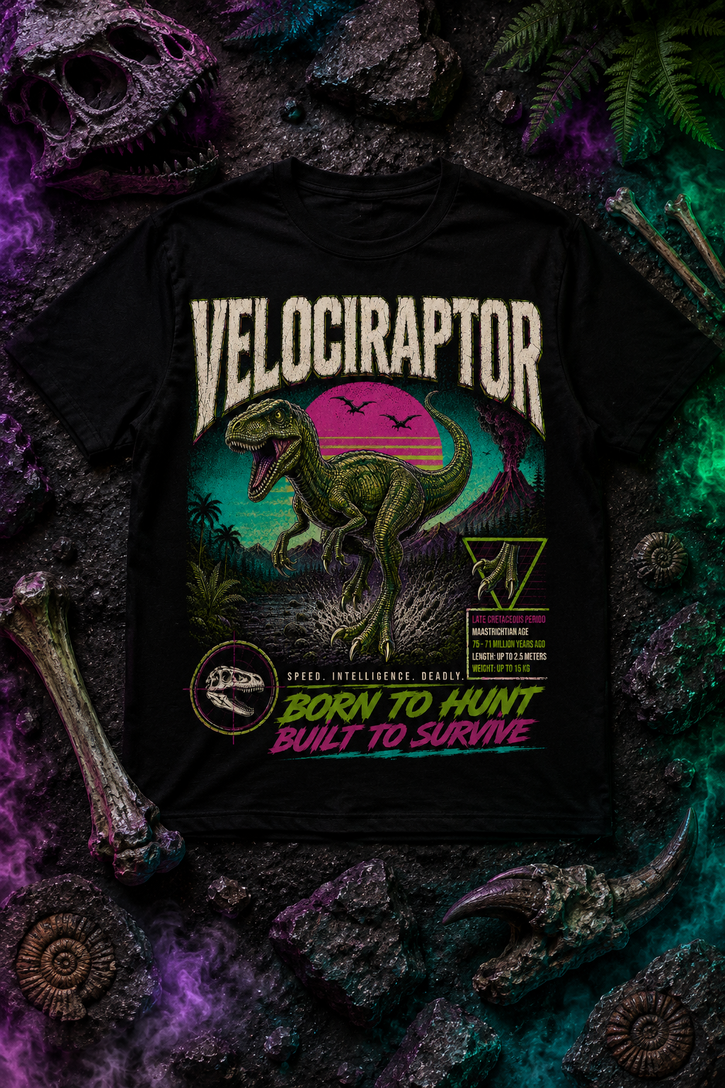 Velociraptor Graphic T-Shirt — "Born to Hunt" Retro Dino Tee