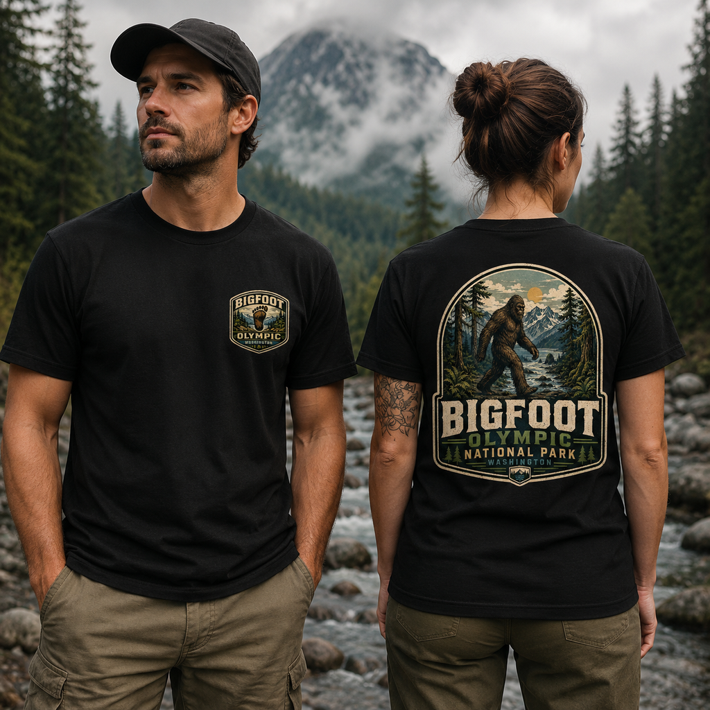 Bigfoot Olympic National Park Washington Front & Back Graphic T-Shirt