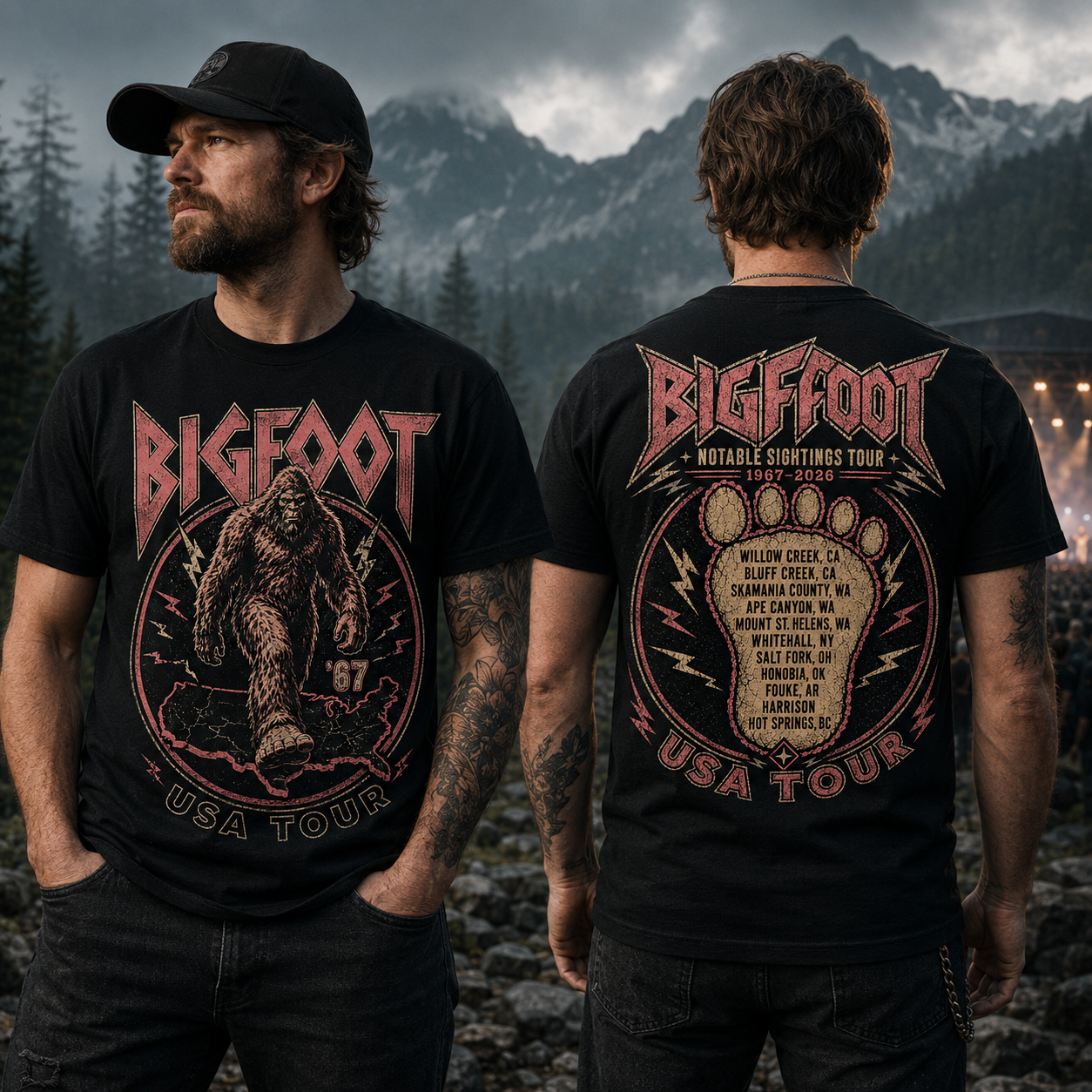 Bigfoot Notable Sightings USA Tour Front & Back Graphic T-Shirt