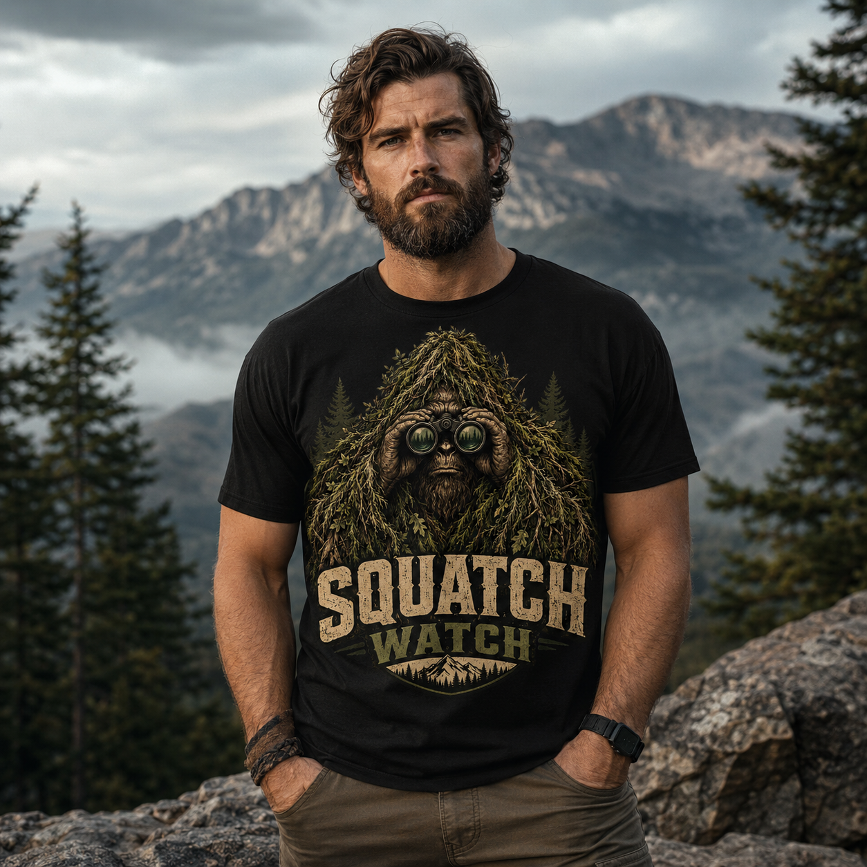 Squatch Watch Ghillie Suit Bigfoot Binoculars Graphic T-Shirt