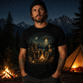 Campfire Encounters Bigfoot and Alien Camping Graphic T-Shirt
