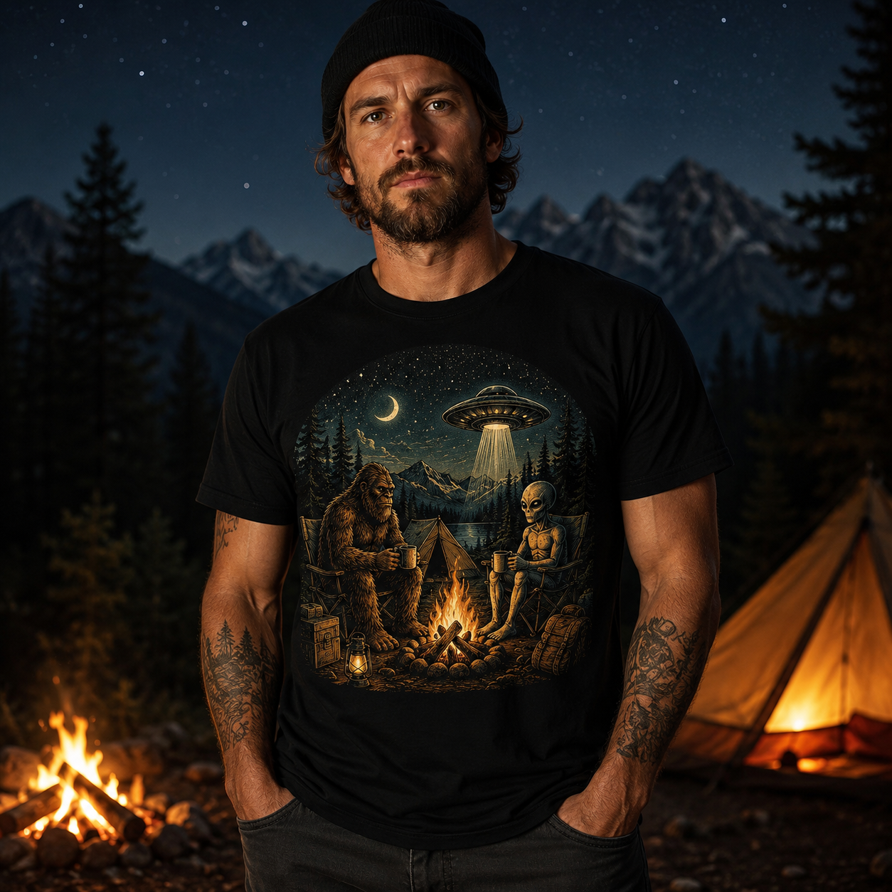 Campfire Encounters Bigfoot and Alien Camping Graphic T-Shirt