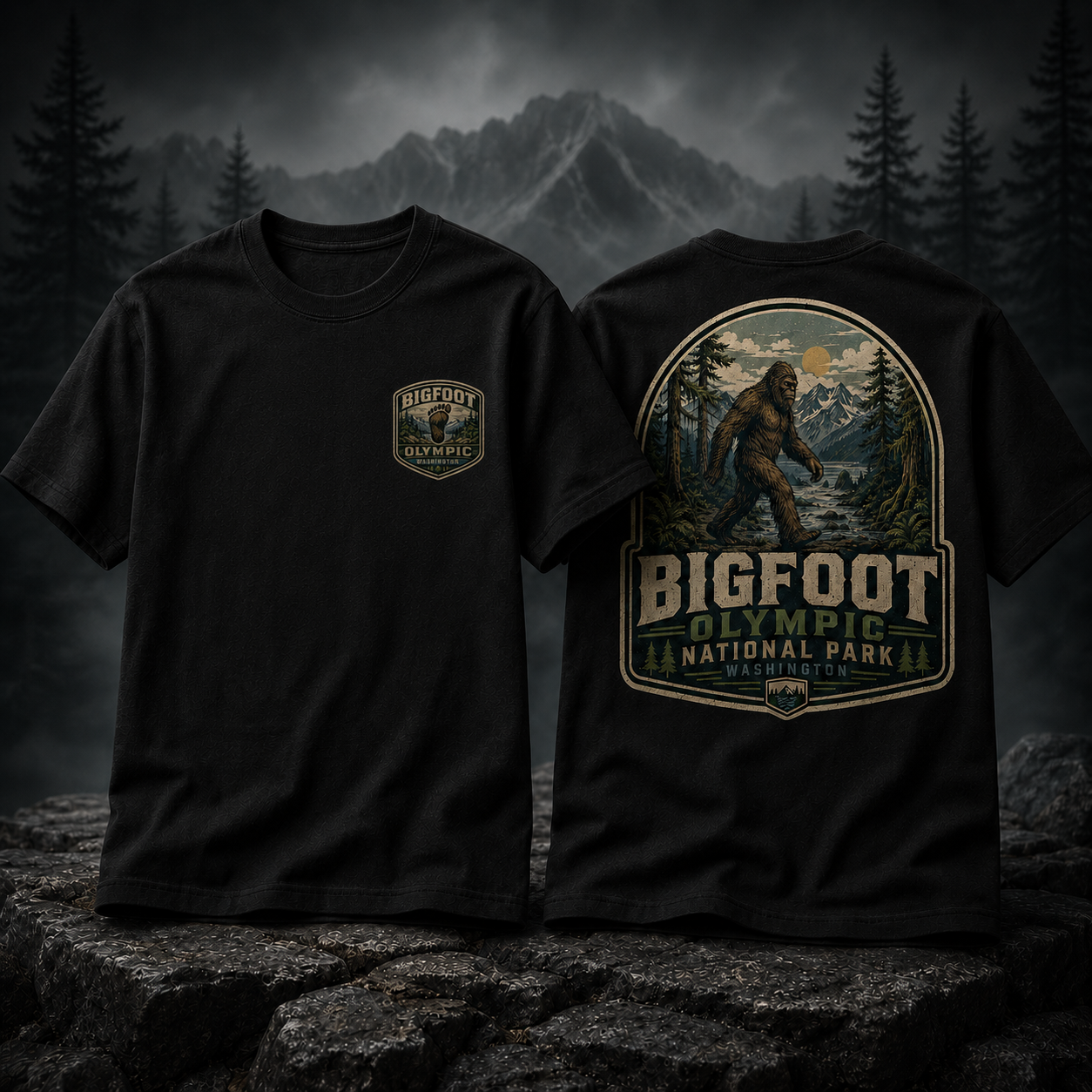 Bigfoot Olympic National Park Washington Front & Back Graphic T-Shirt