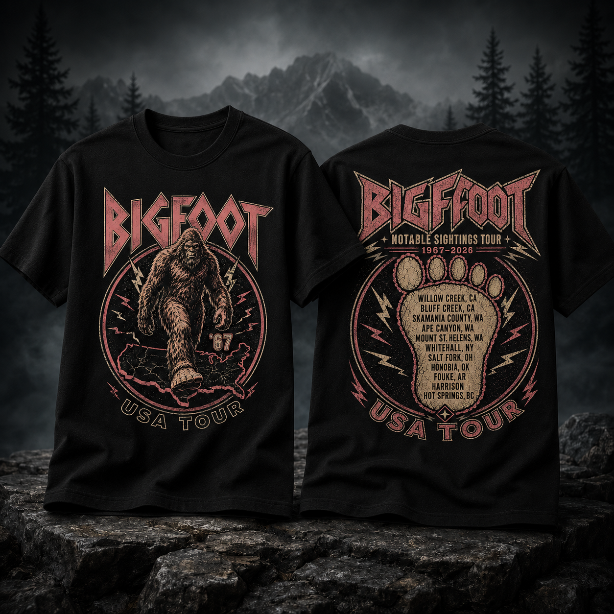 Bigfoot Notable Sightings USA Tour Front & Back Graphic T-Shirt