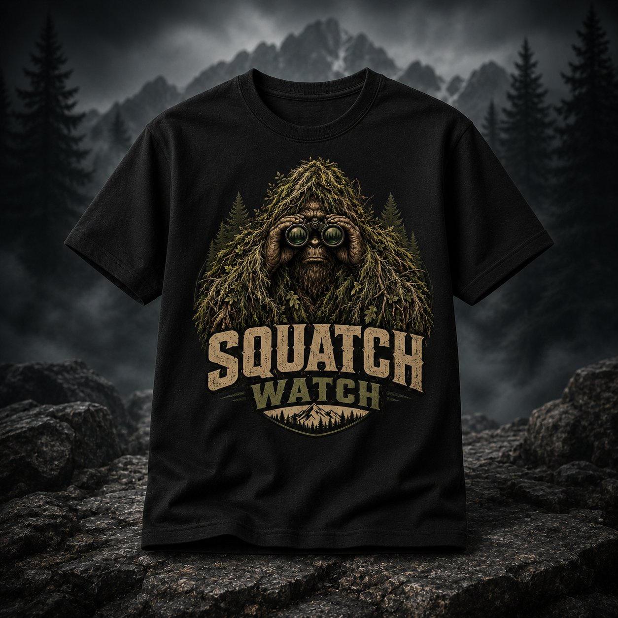Squatch Watch Ghillie Suit Bigfoot Binoculars Graphic T-Shirt