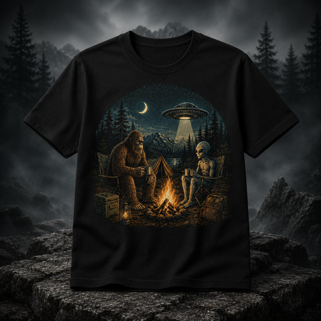 Campfire Encounters Bigfoot and Alien Camping Graphic T-Shirt