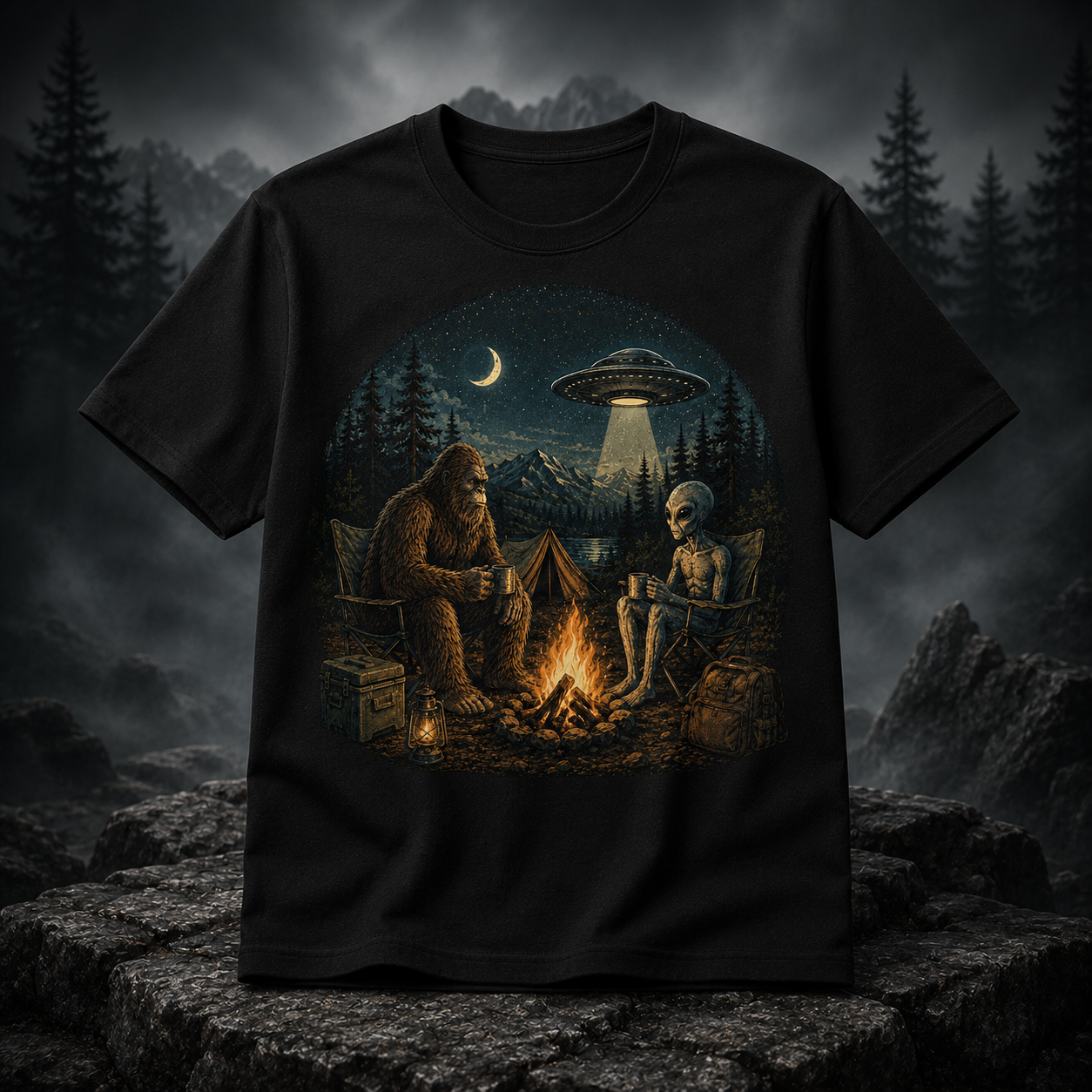 Campfire Encounters Bigfoot and Alien Camping Graphic T-Shirt