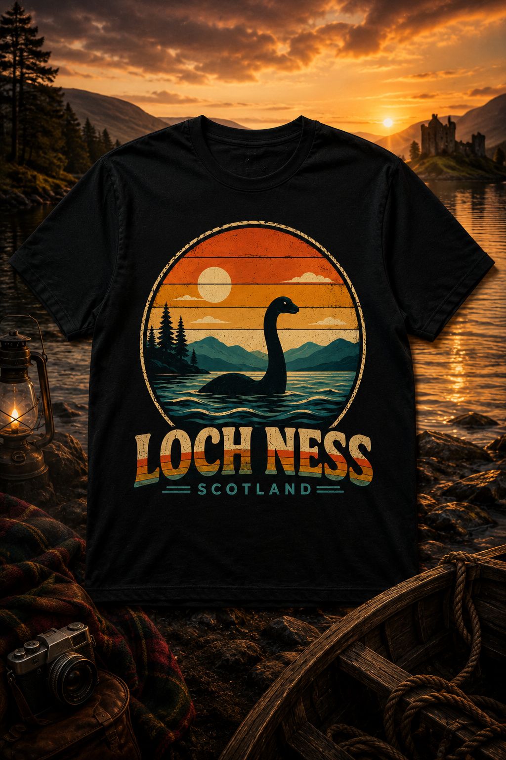 Loch Ness Scotland Retro Sunset T-Shirt