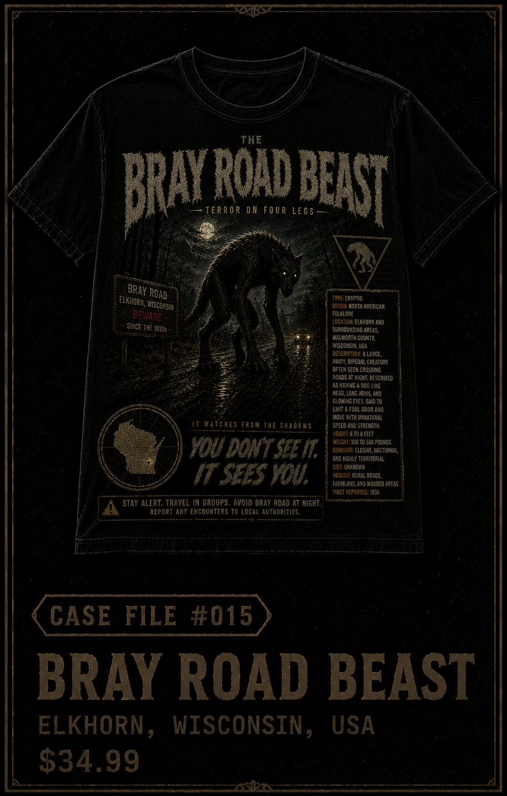 Case File 015: The Beast of Bray Road – Wisconsin's Werewolf Mystery T-Shirt