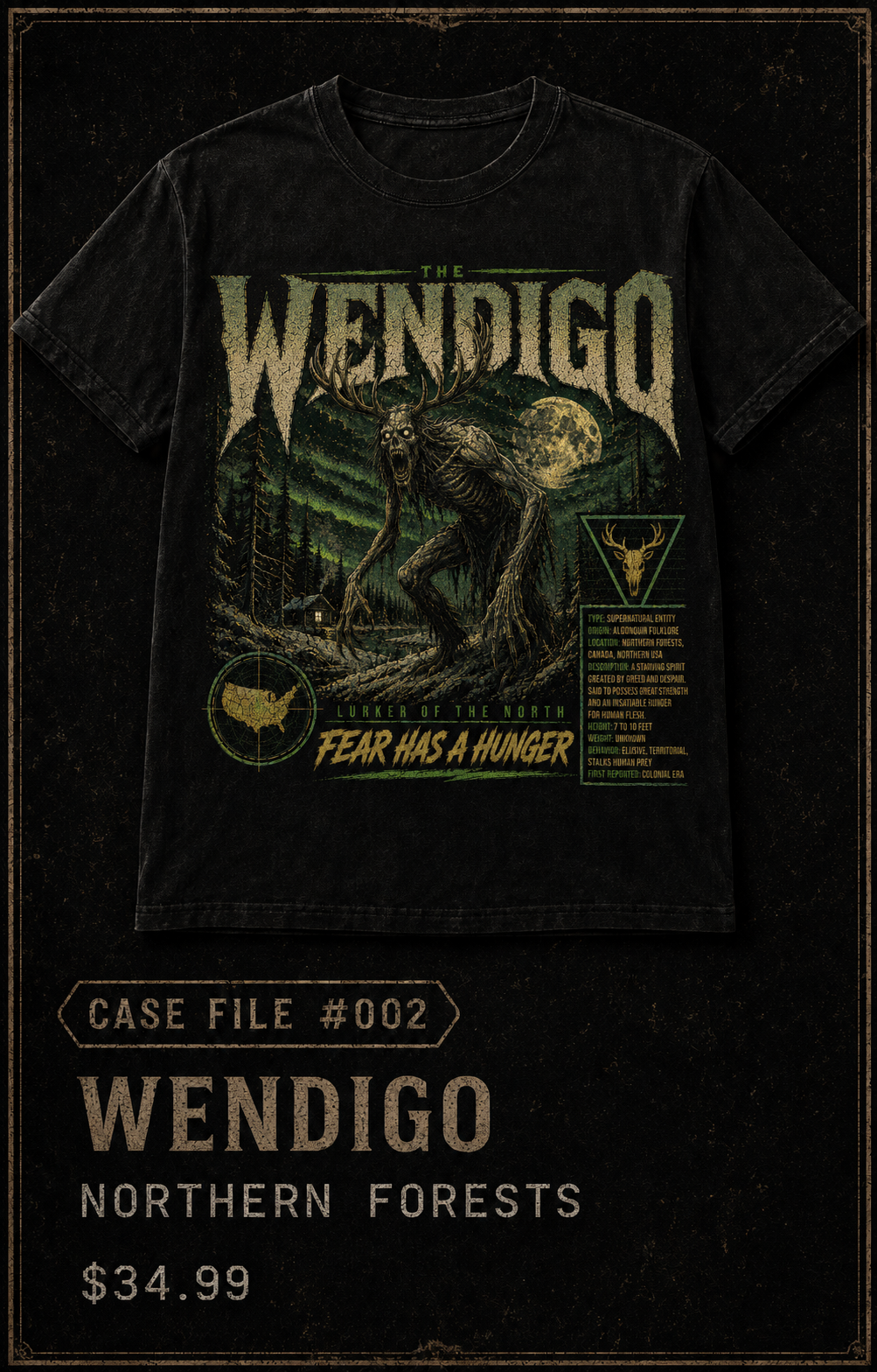 Case File #002 Wendigo Cryptid T-Shirt | MonsterLoom Folklore Horror Shirt
