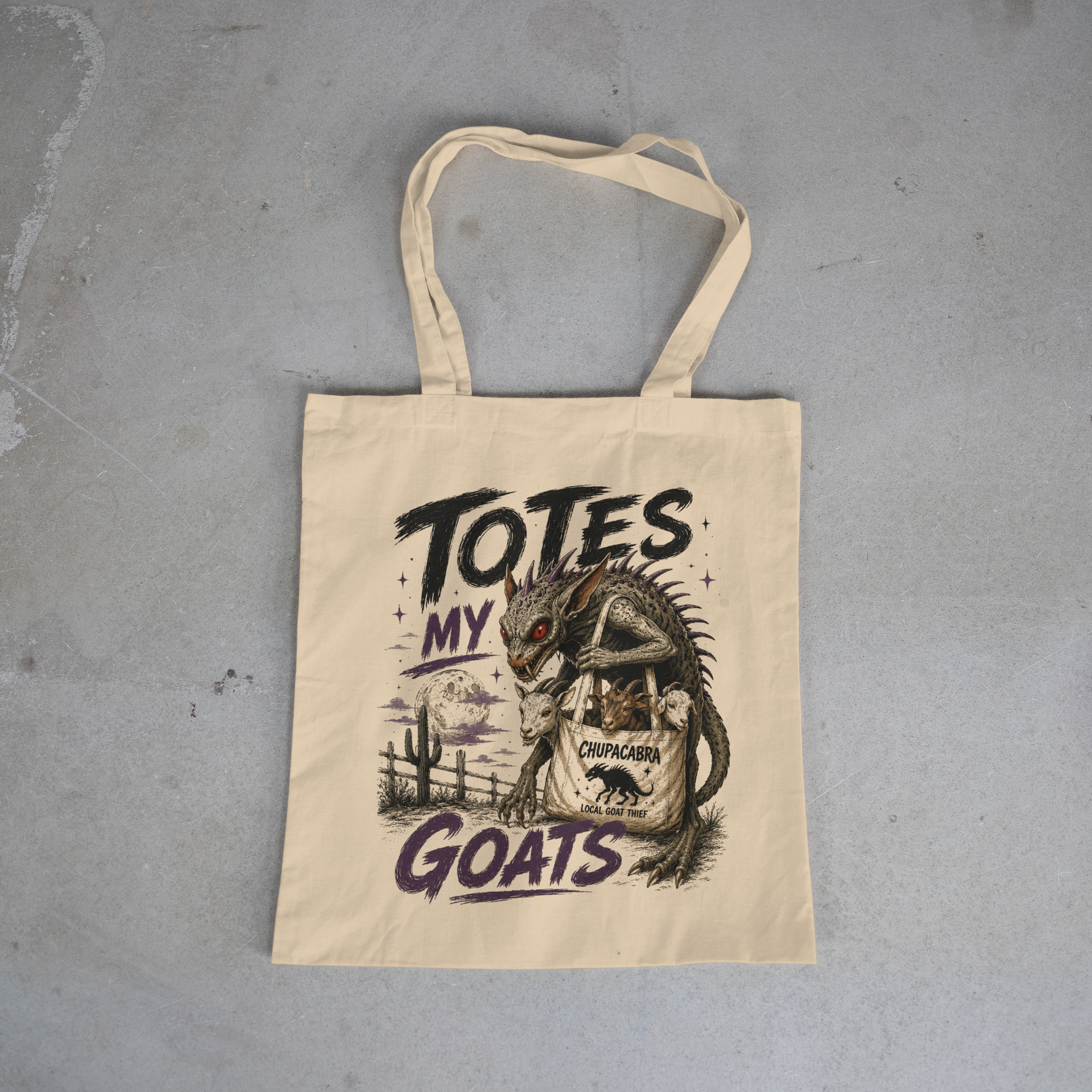Totes My Goats | Chupacabra Tote Bag | Funny Cryptid Canvas Tote | Vintage Horror style | MonsterLoom