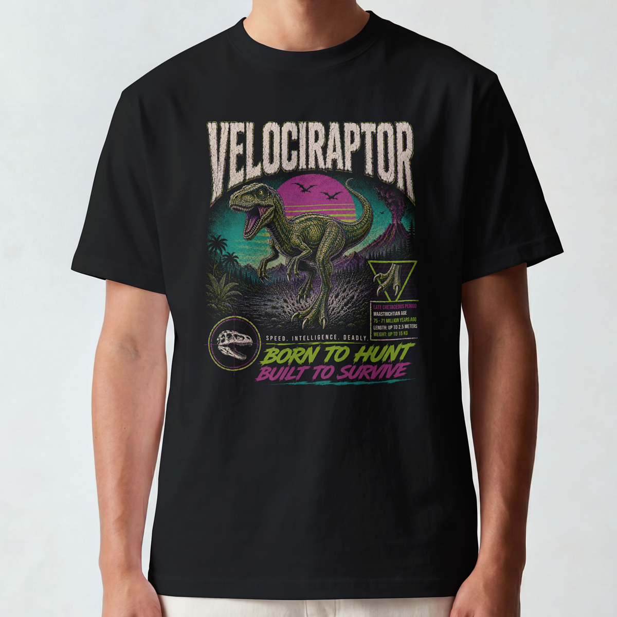 Velociraptor Graphic T-Shirt — "Born to Hunt" Retro Dino Tee