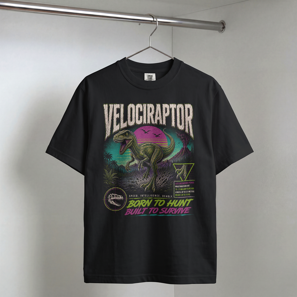 Velociraptor Graphic T-Shirt — "Born to Hunt" Retro Dino Tee