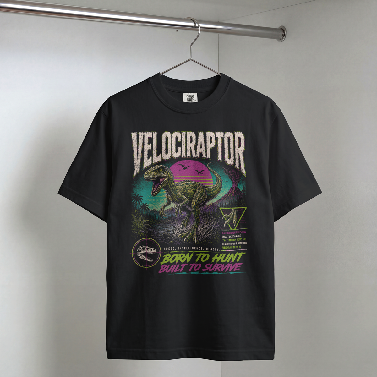Velociraptor Graphic T-Shirt — "Born to Hunt" Retro Dino Tee